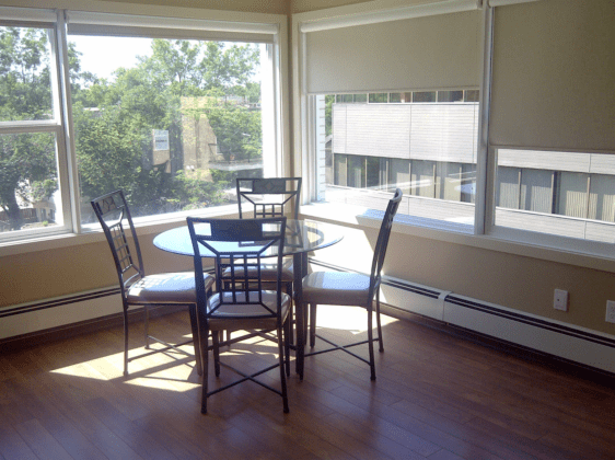 Dining area with bright windows