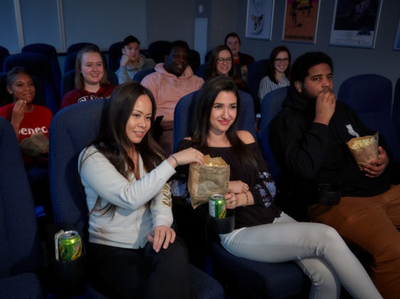 Students in movie lounge
