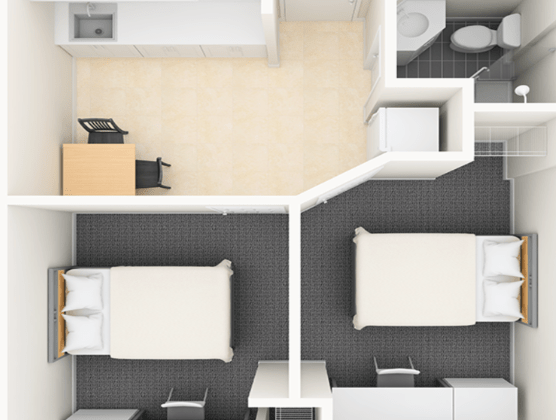 student residence floor plan with 2 rooms